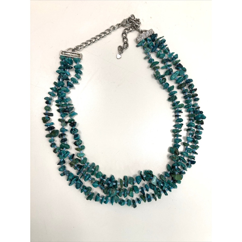 Natural Turquoise Chip Necklace Three Strand Boho 9"